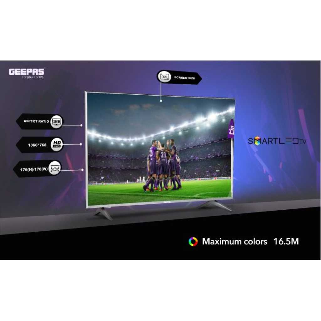 Geepas 32" HD Smart LED TV – Slim Led, 3.5mm, 1 HDMI & 2 Hi-High USB Ports | Wi-Fi, Android With Card Slot | YouTube, Netflix, Amazon Prime Compatibility | 1 Years Warranty - GLED3202SEHD