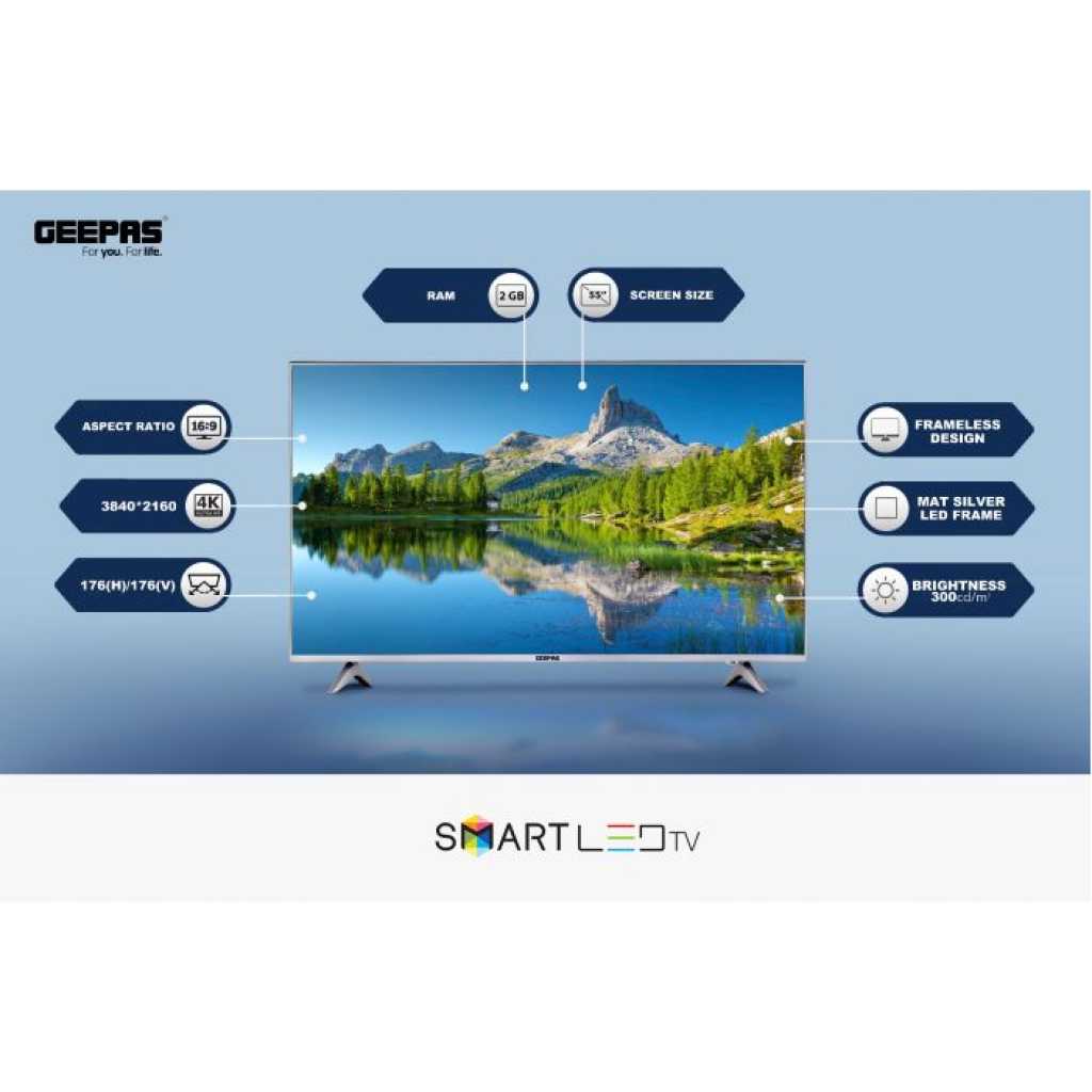 Geepas 55" Android Smart LED TV – Slim Led, 3.5mm, 2 HDMI & 2 Hi-High USB Ports | Wi-Fi, Android With E-Share & Mirror Cast | YouTube, Netflix, Amazon Prime | 1 Year Warranty