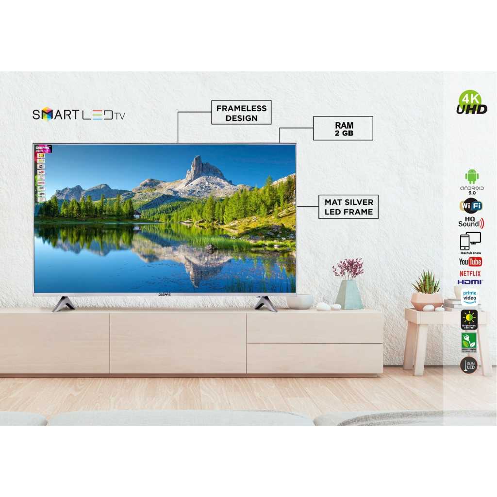 Geepas 55" 4K UHD Android Smart LED TV – Slim LED, 3.5mm, 2 HDMI & 2 Hi-High USB Ports | Wi-Fi, Android With E-Share & Mirror Cast | YouTube, Netflix, Amazon Prime | 1 Year Warranty