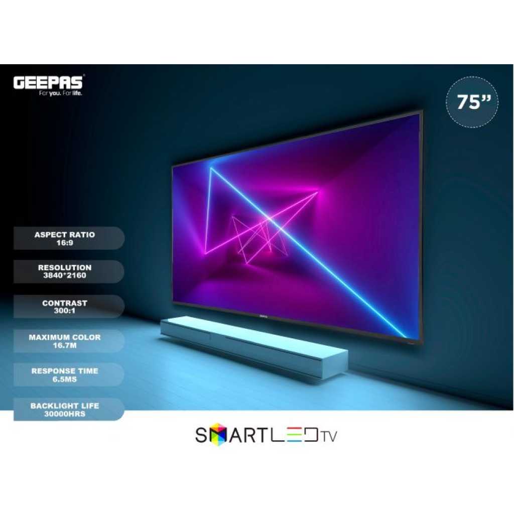 Geepas 75" 4K UHD Smart LED TV GLED7520SEUHD - Mirror Cast, 3.5mm, 3 HDMI & 2 USB Ports |2GB Ram, Wifi, Android 9.0 With E-Share | Comes Application Like Youtube, Netflix, Amazon Prime | 1 Years Warranty