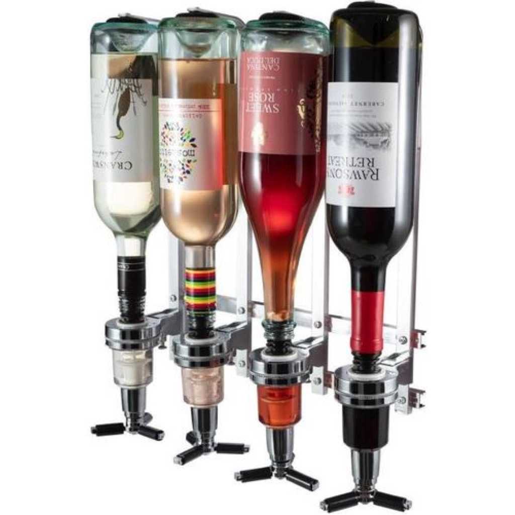 4 Bottles Beverage Bar Butler Drink & Shot Tapper dispenser Wall Mount - Silver