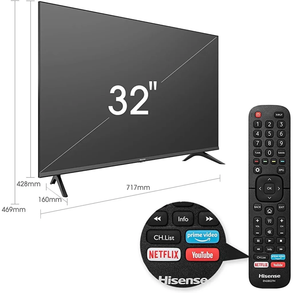 Hisense 32 Inch HD Smart TV With Netflix, Youtube, Prime Video, Dolyby Audio & Bezelless Design Model