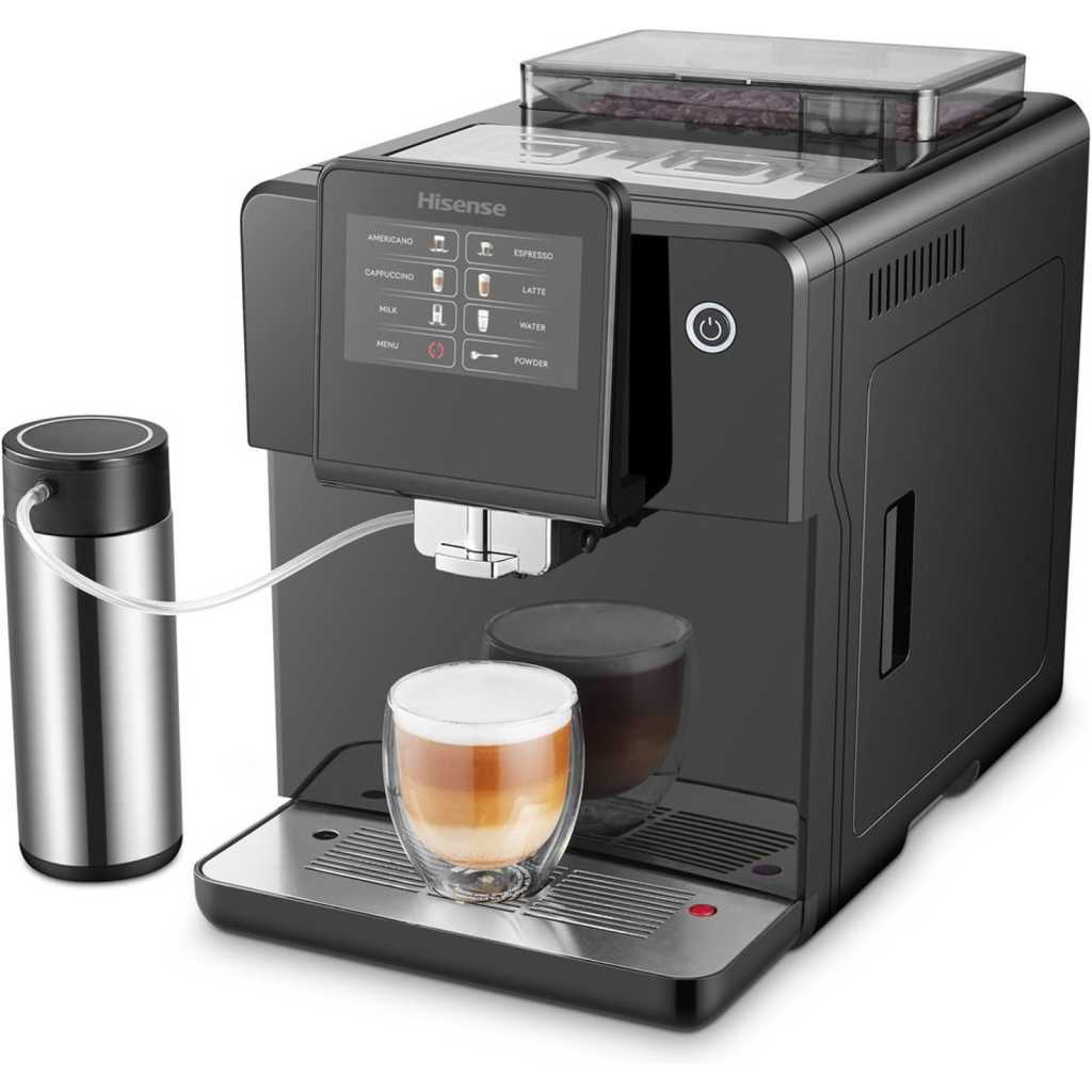 Hisense Commercial Coffee Maker Machine, Espresso, Americano, Latte, Cuppuccino, Milk, Fully Automatic HAUCMBK1S5, Standby Power 2W, Bean Container Capacity 250g, Black