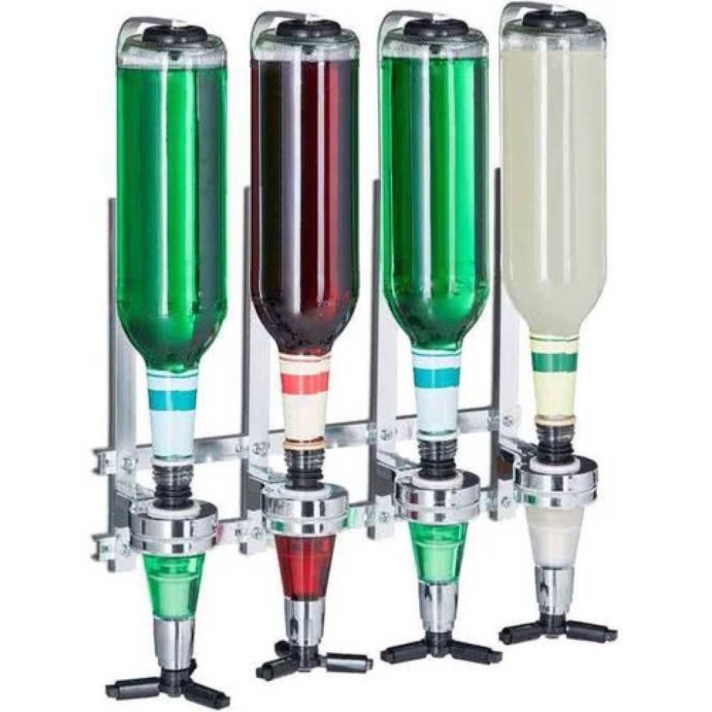 4 Bottles Beverage Bar Butler Drink & Shot Tapper dispenser Wall Mount - Silver