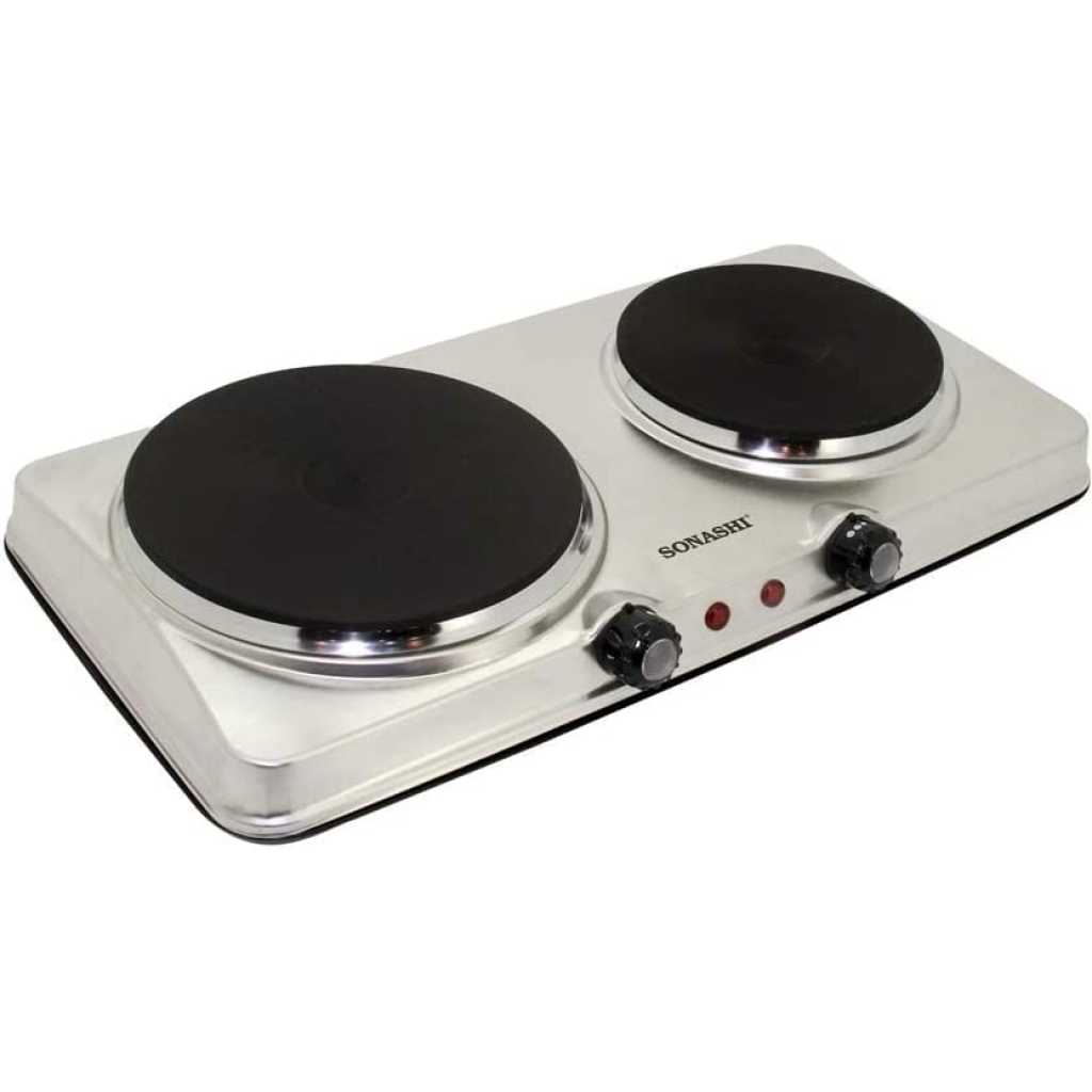 Sonashi Double Electric Hot Plate SHP-611S – 185MM and 155MM Class 1 Hot Plate with Stainless Steel Body, Auto Thermostat, On/Off Indicator Light | Kitchen Appliances