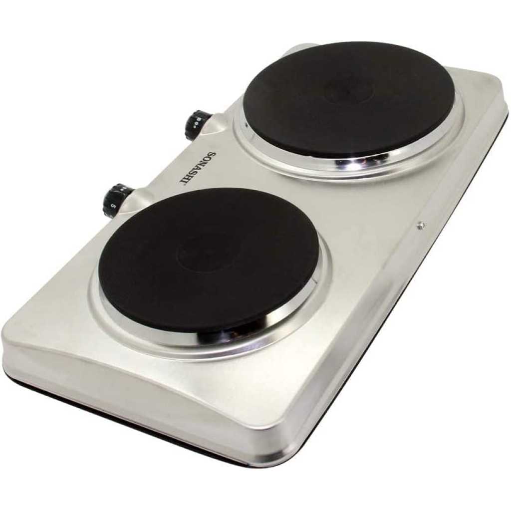 Sonashi Double Electric Hot Plate SHP-611S – 185MM and 155MM Class 1 Hot Plate with Stainless Steel Body, Auto Thermostat, On/Off Indicator Light | Kitchen Appliances