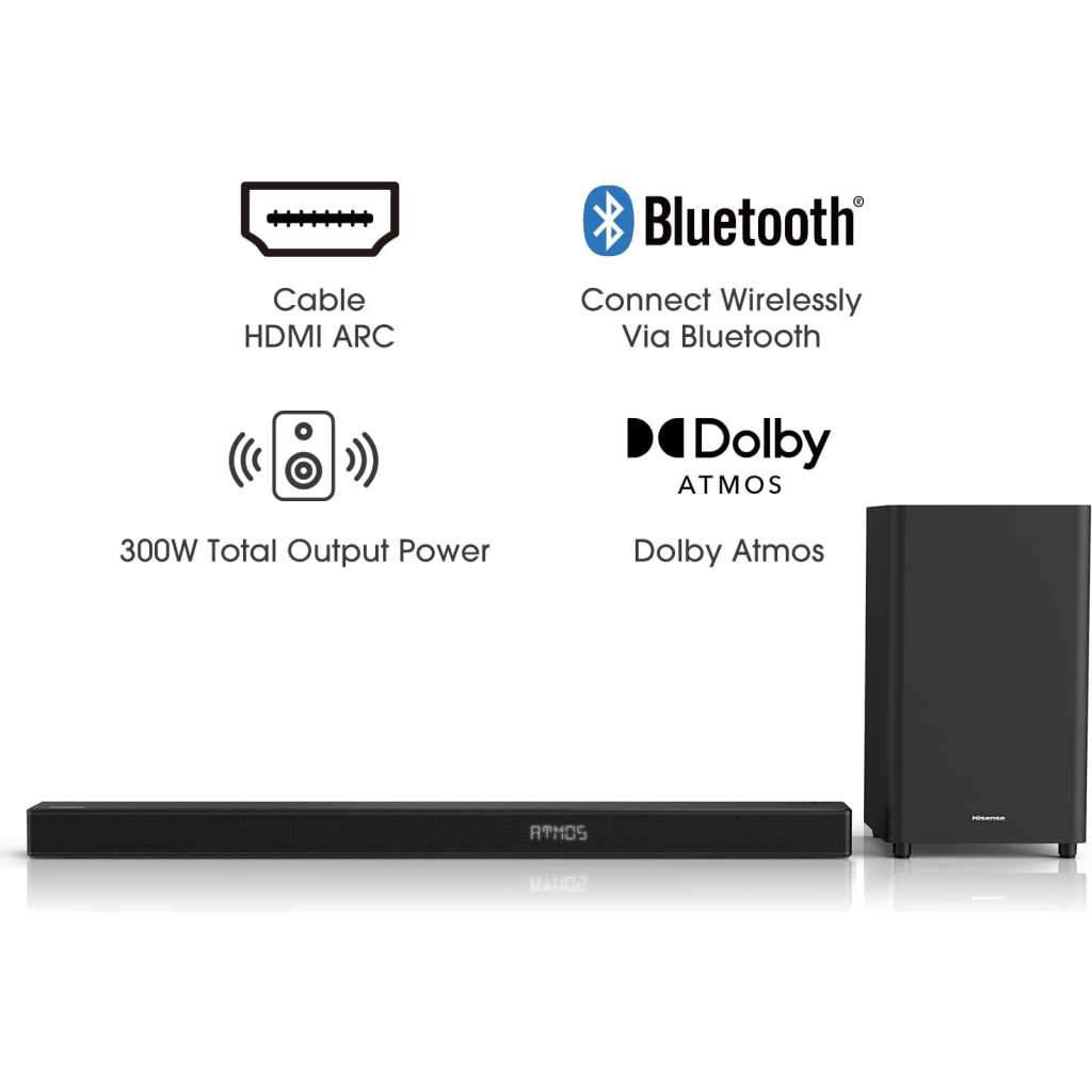 Hisense 3.1ch Sound Bar with Wireless Subwoofer HS312, 300W, Dolby Atmos, 4K Pass-Through, Cinematic Experience, One Remote contorl, Roku TV Ready, Bluetooth, HDMI ARC/Optical/AUX/USB, 5 EQ Modes