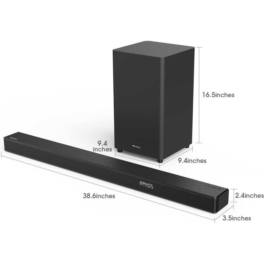 Hisense 3.1ch Sound Bar with Wireless Subwoofer HS312, 300W, Dolby Atmos, 4K Pass-Through, Cinematic Experience, One Remote contorl, Roku TV Ready, Bluetooth, HDMI ARC/Optical/AUX/USB, 5 EQ Modes