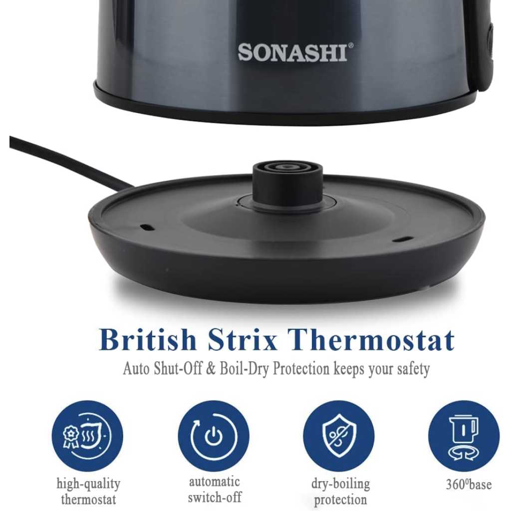 Sonashi 1.8 Litres Stainless Steel Cordless Kettle, with Auto Shut-Off and Fast Boiling, LED indicator, Small Electric Kettle for Tea, Coffee SKT-1810