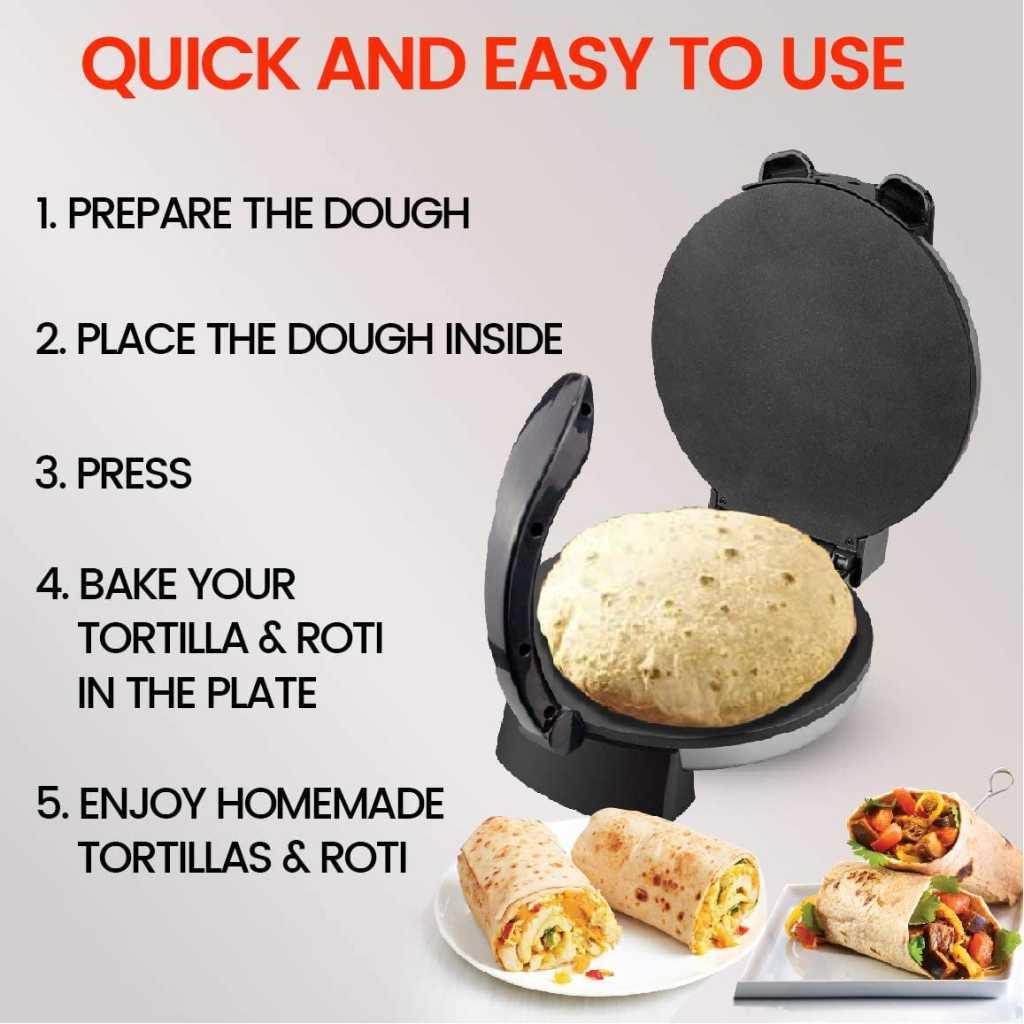 Sonashi Non-Stick Roti Maker SRM-858 - Tortilla Maker w/ 10” Non-Stick Coating Plate, Adjustable Temperature Control Knob, Power On/Off Indicator | Kitchen Appliances