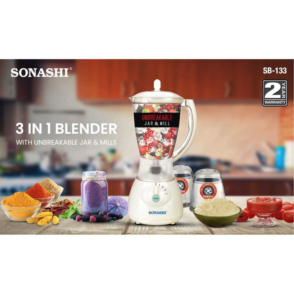 SONASHI 3 in 1 Blender SB-133 – 4 Speed, 550W Countertop Blender Mixer Grinder with Overheating Protection, 1.5L Unbreakable Jar, Mincing Cup, Grinding Cup | Kitchen Appliances
