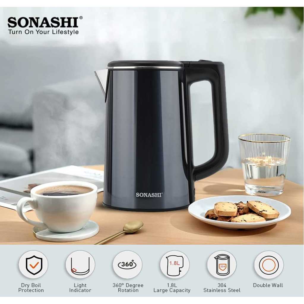 Sonashi 1.8 Litres Stainless Steel Cordless Kettle, with Auto Shut-Off and Fast Boiling, LED indicator, Small Electric Kettle for Tea, Coffee SKT-1810