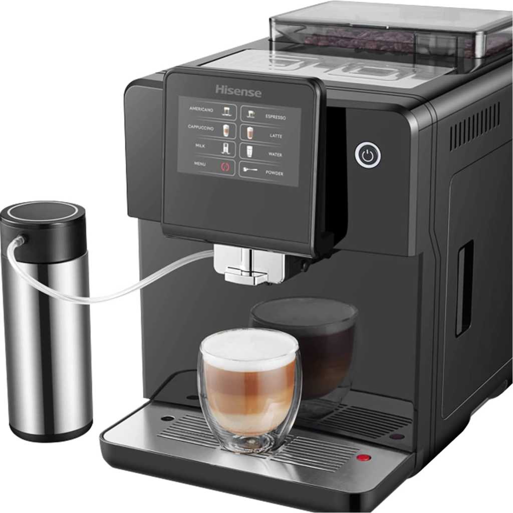 Hisense Commercial Coffee Maker Machine, Espresso, Americano, Latte, Cappuccino, Milk, Fully Automatic HAUCMBK1S5, Standby Power 2W, Bean Container Capacity 250g, Black