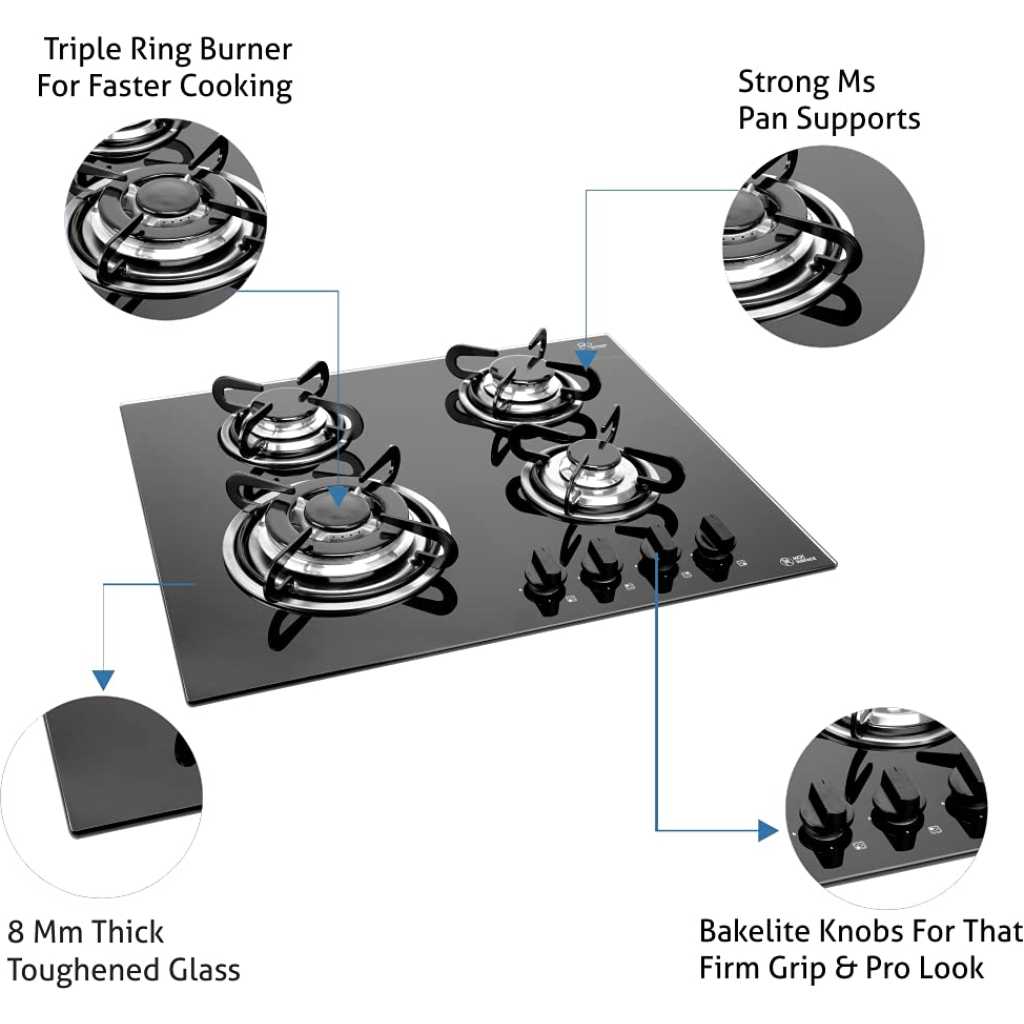 IQRA Built-in Gas Hob IQ-KH4002 - 60cm, 4 Gas Burners, Auto Ignition - Black