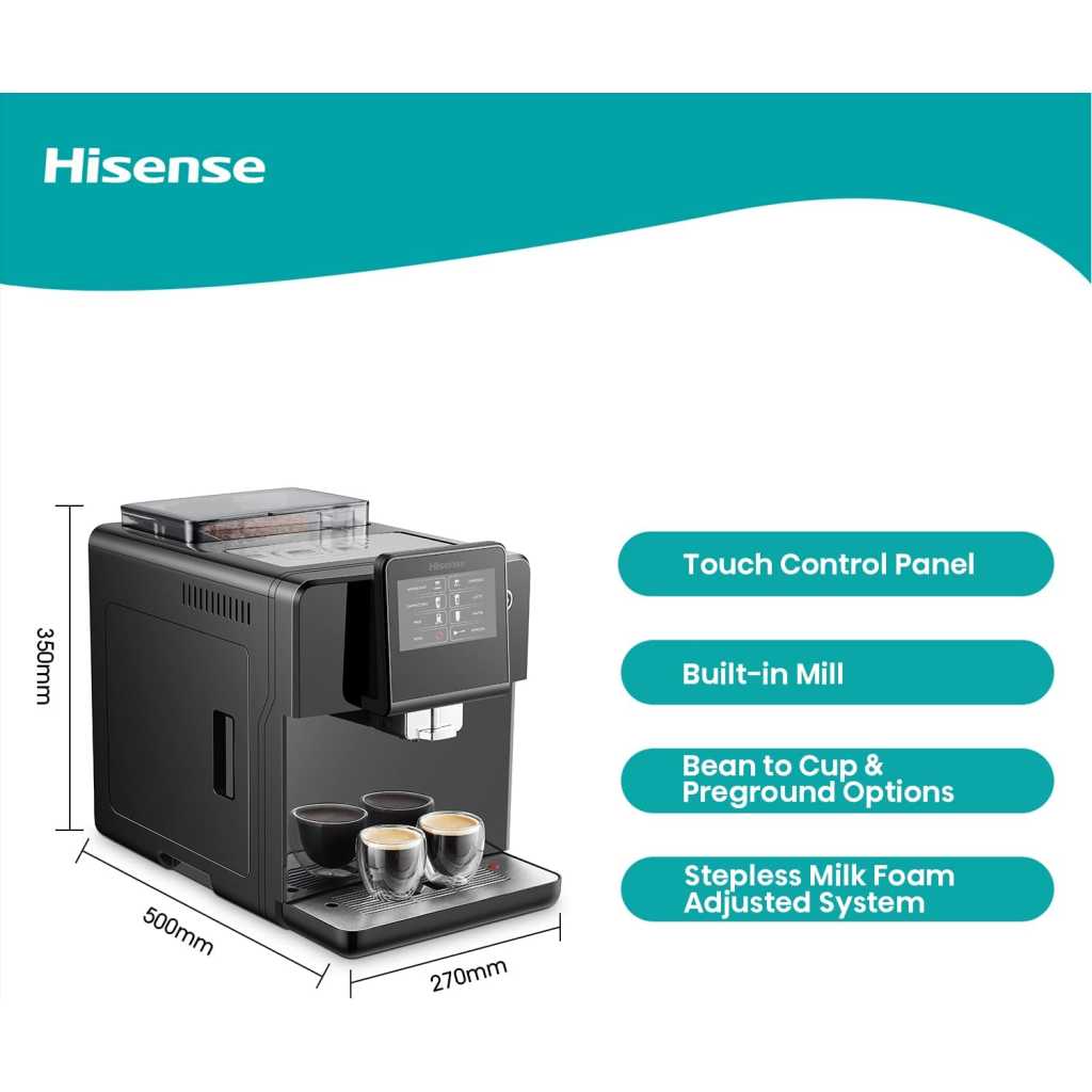 Hisense Commercial Coffee Maker Machine, Espresso, Americano, Latte, Cappuccino, Milk, Fully Automatic HAUCMBK1S5, Standby Power 2W, Bean Container Capacity 250g, Black