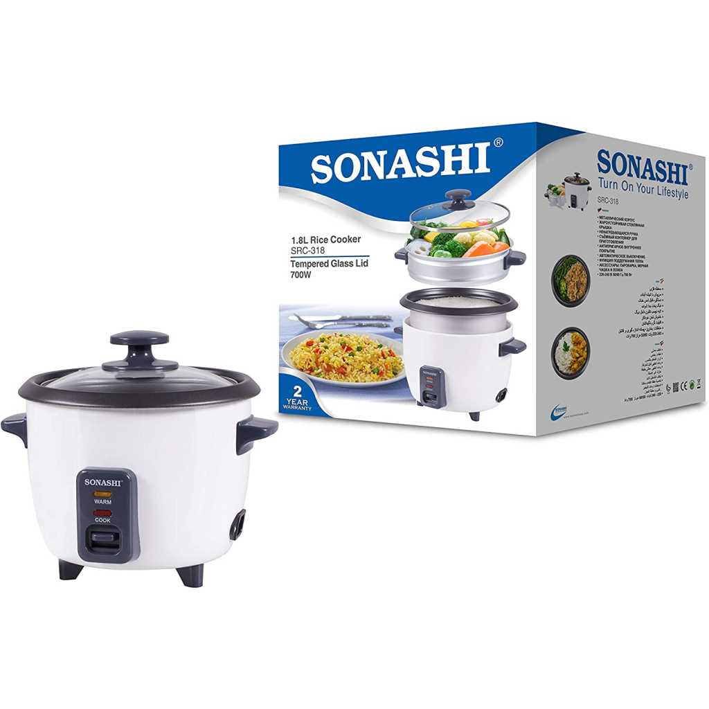 Sonashi 2.8 L Rice Cooker With Steamer SRC-328 - Tempered Glass Lid, Cool Touch Handle, Non-Stick Coating & Automatic Shut Off Function | Kitchen Appliance