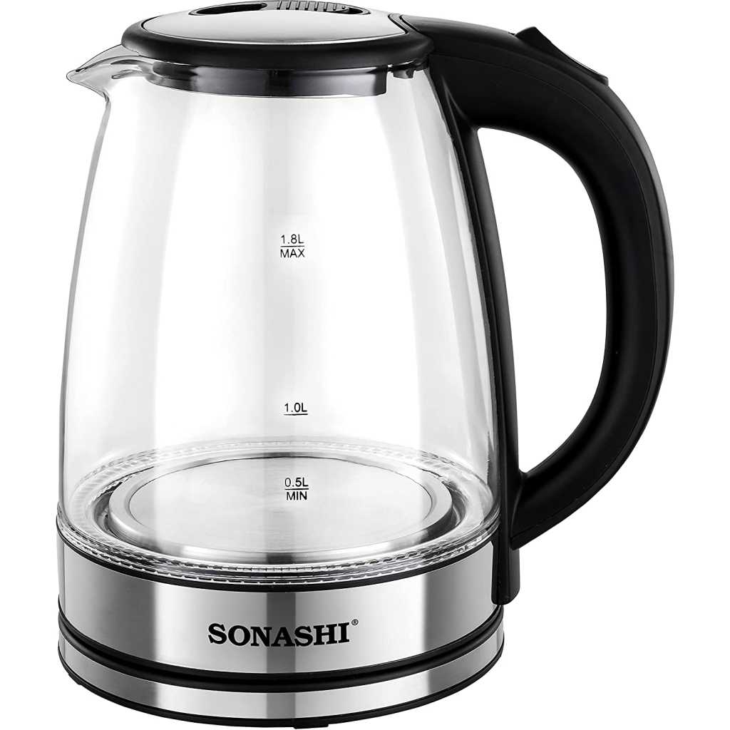 Sonashi 1.8 L Cordless Kettle SKT-1809 - Glass Kettle w/ Safety Lock Lid, 360-degree Swivel Base, Auto Shutdown, Power On/Off Indicator Light | Home Appliances