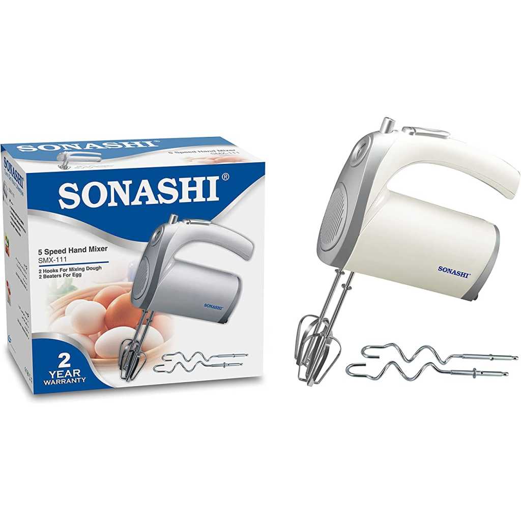 Sonashi Hand Mixer Blender SMX-111 250 W | 5 Variable Speed Control | Easy to Clean and Store | Two Pairs of Beater and Hooks Dough/Stainless Steel Blade