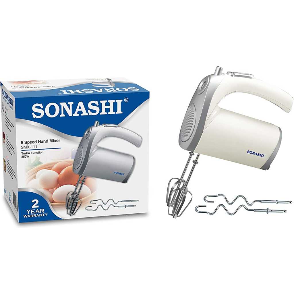 Sonashi Hand Mixer Blender SMX-111 250 W | 5 Variable Speed Control | Easy to Clean and Store | Two Pairs of Beater and Hooks Dough/Stainless Steel Blade