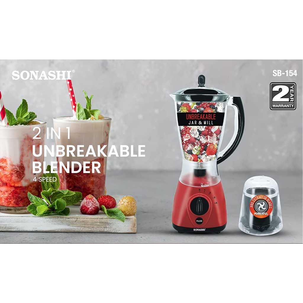 SONASHI 2 in 1 Unbreakable Jar Blender SB-154 – 4 Speed, 550W Countertop Blender Mixer with Overheat Protection, Safety Lock System, 1.5L Unbreakable Jar, Grinding Cup | Kitchen Tools