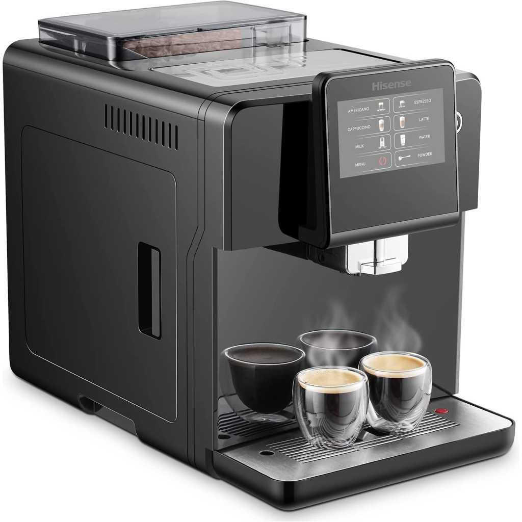 Hisense Commercial Coffee Maker Machine, Espresso, Americano, Latte, Cappuccino, Milk, Fully Automatic HAUCMBK1S5, Standby Power 2W, Bean Container Capacity 250g, Black