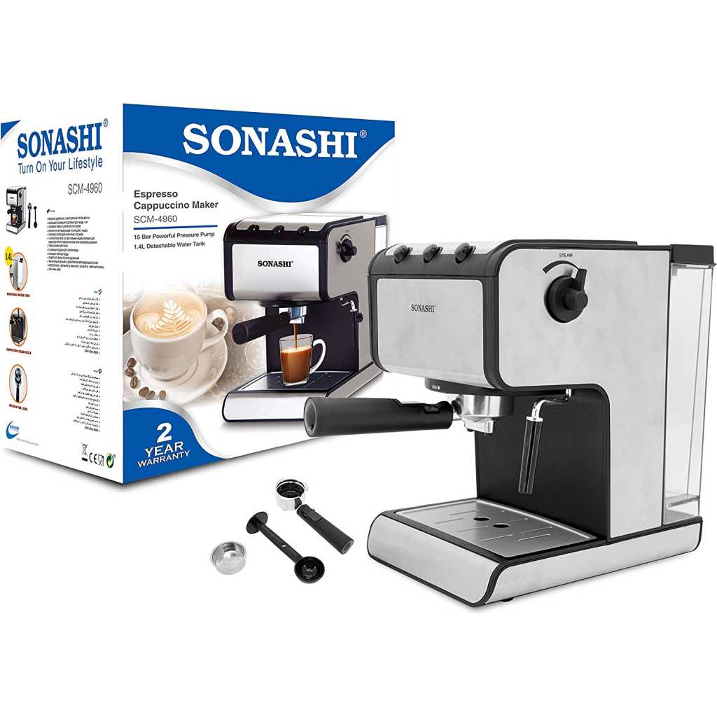 Sonashi 3 In 1 Coffee Machine SCM-4960 – 300W Coffee Maker with 1.4L Detachable Water Tank, 3 Switches, Overpressure Protection, Stainless Steel Filter | Kitchen & Home Appliance