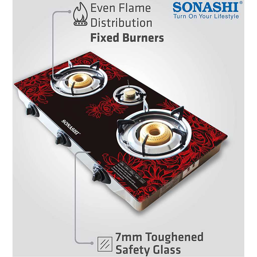 Sonashi SGB-305GN Double Gas Stove – Sonashi Triple Gas Stove w/ Glass Top Burner, LPG Burner, Direct Connector, Red and Black | Gas Stove | Home Appliance