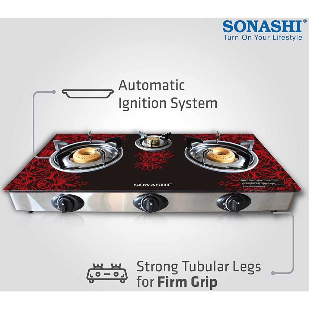 Sonashi SGB-305GN Double Gas Stove – Sonashi Triple Gas Stove w/ Glass Top Burner, LPG Burner, Direct Connector, Red and Black | Gas Stove | Home Appliance