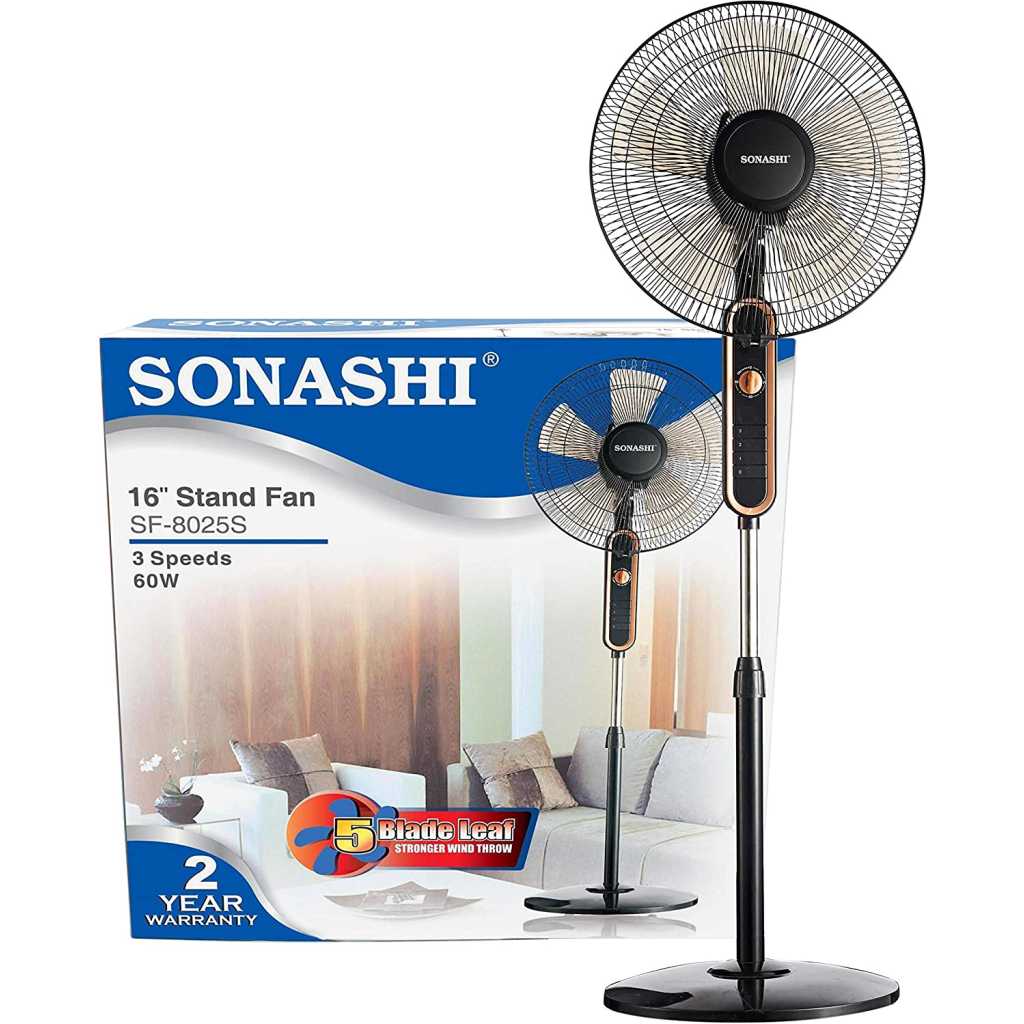 SONASHI SF-8025S Stand Fan – [White] 16 in. Pedestal Fan with 3 Speed Switch, 5 Transparent Blade Leaf, Korean Guard Ring, Low Noise Operation | Perfect Home Décor Appliance