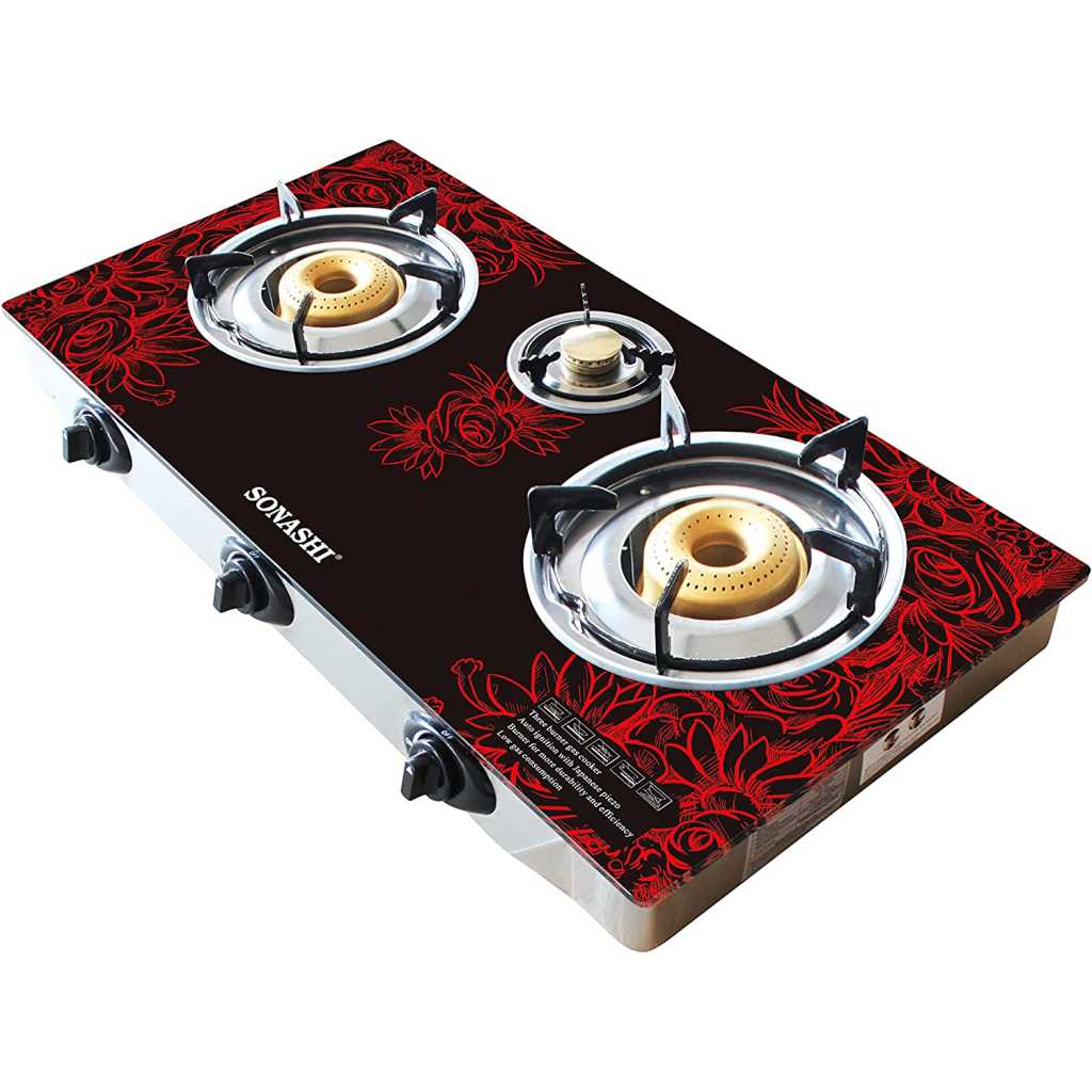 Sonashi SGB-305GN Double Gas Stove – Sonashi Triple Gas Stove w/ Glass Top Burner, LPG Burner, Direct Connector, Red and Black | Gas Stove | Home Appliance