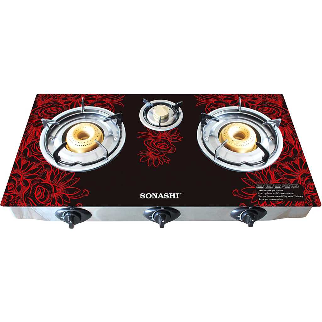 Sonashi SGB-305GN Double Gas Stove – Sonashi Triple Gas Stove w/ Glass Top Burner, LPG Burner, Direct Connector, Red and Black | Gas Stove | Home Appliance