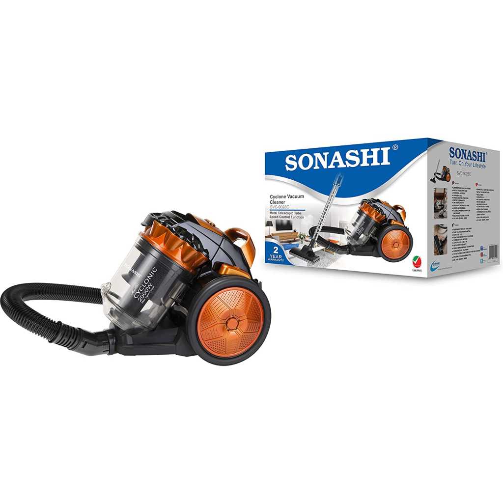 Sonashi Cyclone Vacuum Cleaner [Black-Orange] SVC-9028- 1200W Vacuum Cleaning Machine w/ Metal Telescopic Tube, Speed Control, Low Noise | Home Appliances