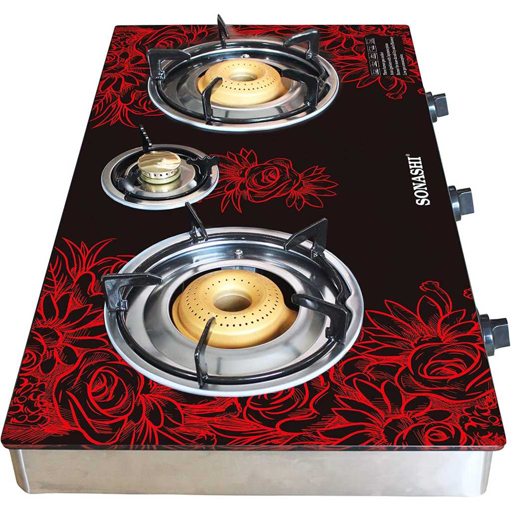 Sonashi SGB-305GN Double Gas Stove – Sonashi Triple Gas Stove w/ Glass Top Burner, LPG Burner, Direct Connector, Red and Black | Gas Stove | Home Appliance