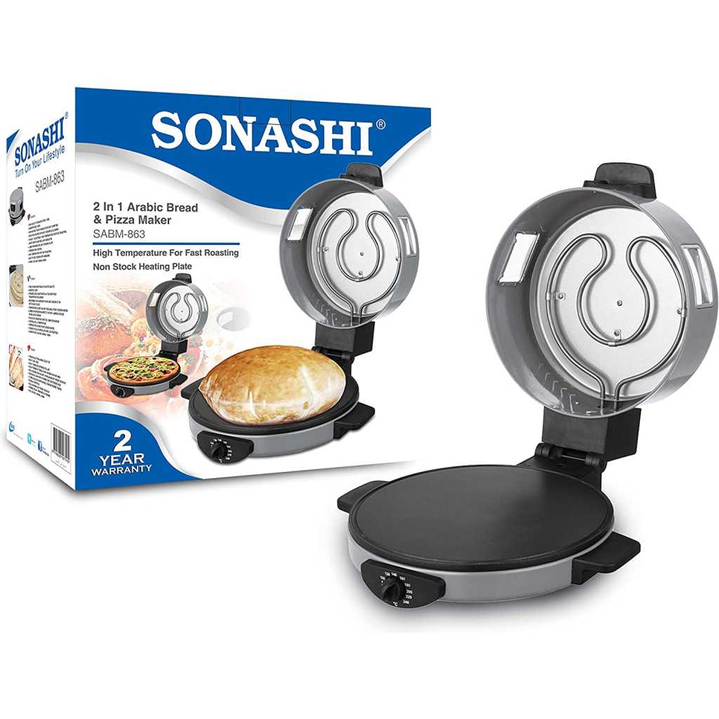 SONASHI 2-in-1 Arabic Bread & Pizza Maker SABM-863 – Stainless Steel Tube, On/Off Switch, Non-Stick Coating, Thermostat Control | 220-240 V ~ 50/60 Hz, 1800 W | Specialty Kitchen Appliances