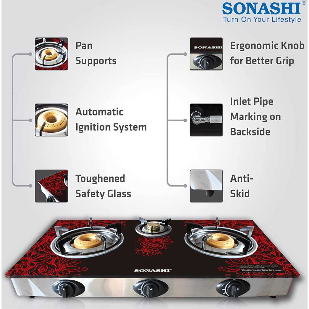 Sonashi SGB-305GN Double Gas Stove – Sonashi Triple Gas Stove w/ Glass Top Burner, LPG Burner, Direct Connector, Red and Black | Gas Stove | Home Appliance