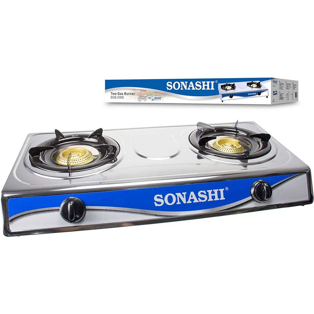 SONASHI SGB-208S Double Gas Stove with Electronic Ignition System – Stainless Steel Two Burner Gas Stove, Low Gas Consumption | Kitchen Tools and Appliances