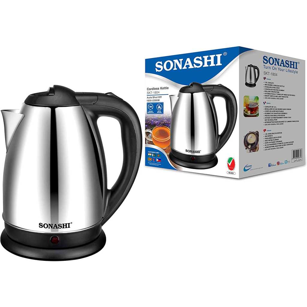 Sonashi 1.8 L Cordless Kettle SKT-1804 - Stainless Steel Kettle w/ Spray Coating, 360-degree Swivel Base, Auto Shutdown, Power On/Off Indicator Light | Home Appliances