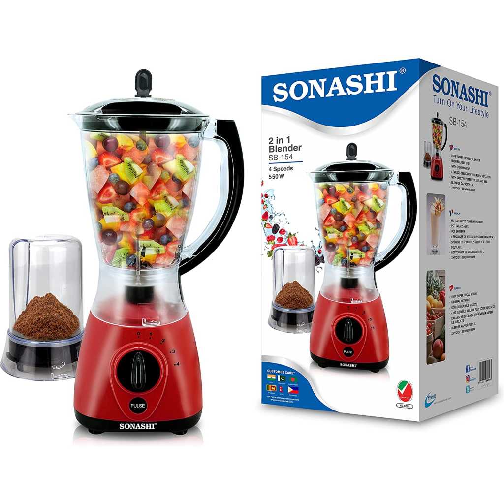 SONASHI 2 in 1 Unbreakable Jar Blender SB-154 – 4 Speed, 550W Countertop Blender Mixer with Overheat Protection, Safety Lock System, 1.5L Unbreakable Jar, Grinding Cup | Kitchen Tools