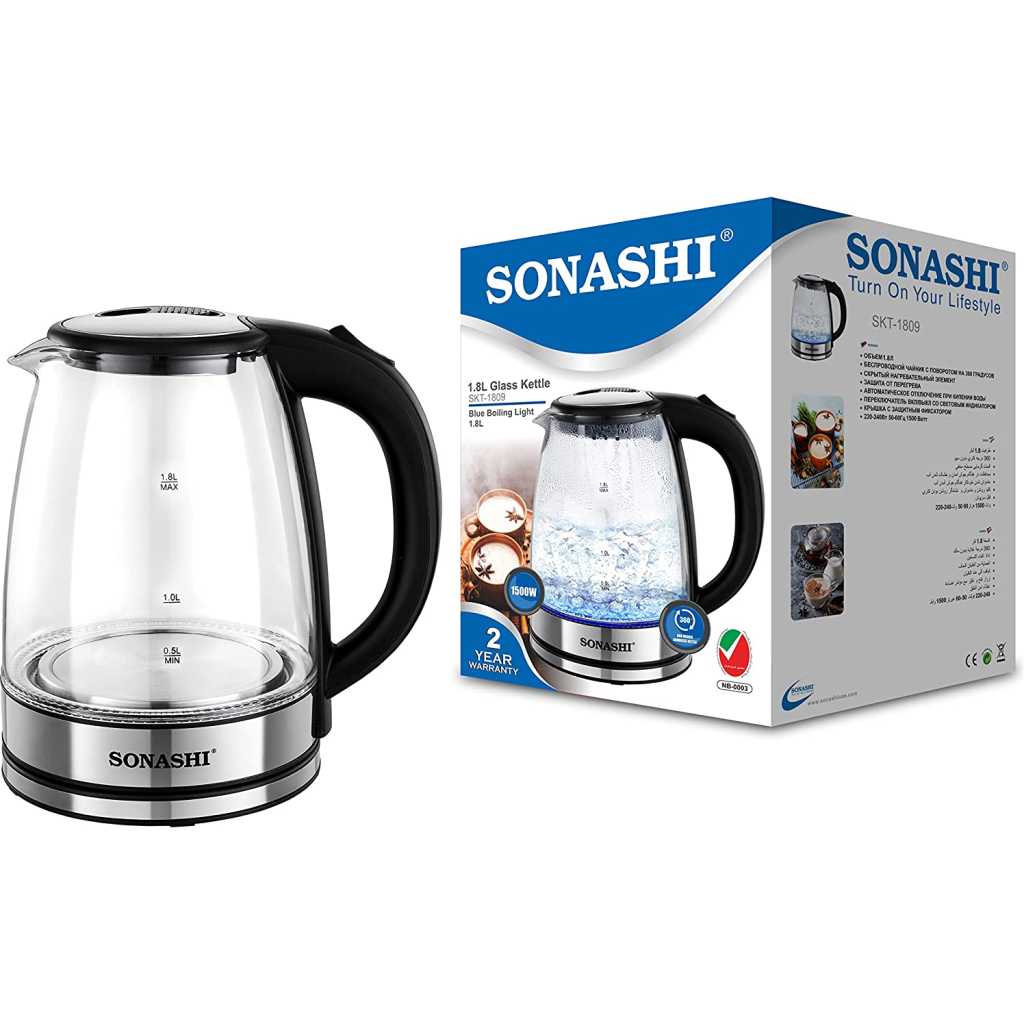 Sonashi 1.8 L Cordless Kettle SKT-1809 - Glass Kettle w/ Safety Lock Lid, 360-degree Swivel Base, Auto Shutdown, Power On/Off Indicator Light | Home Appliances