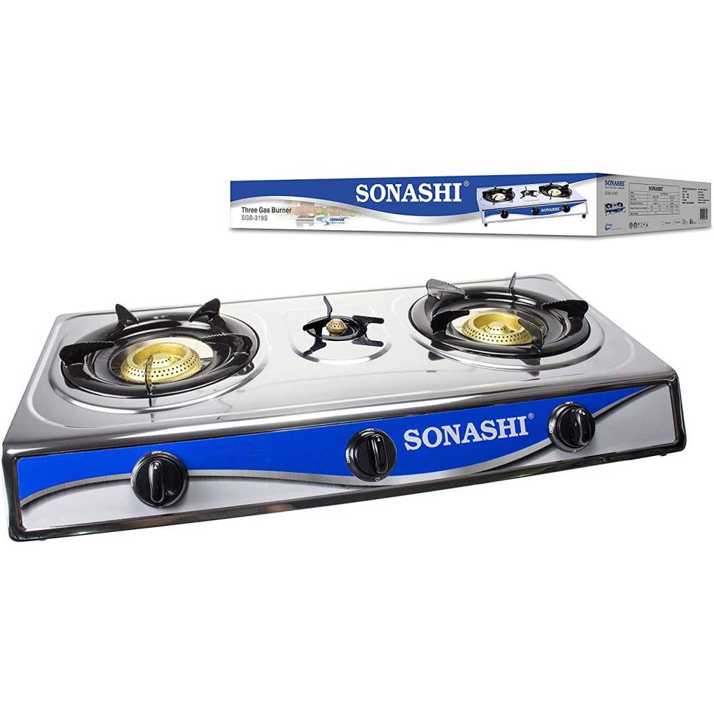 SONASHI SGB-319S Triple Gas Stove - Stainless Steel Three Burner Cooking Range with Electronic Ignition System, Energy Saving, Easy to Clean Design | Kitchen Appliance Collection