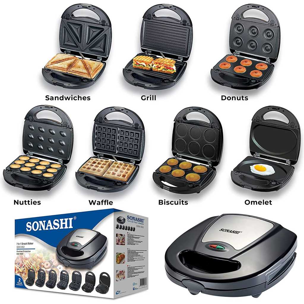 Sonashi 7-in-1 Multi Snack Maker SSM-862 - Detachable Sandwich, Grill, Donut, Waffle, Cupcake, Nutty, Omelet Making Plates | Kitchen Appliances