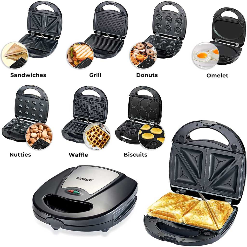 Sonashi 7-in-1 Multi Snack Maker SSM-862 - Detachable Sandwich, Grill, Donut, Waffle, Cupcake, Nutty, Omelet Making Plates | Kitchen Appliances