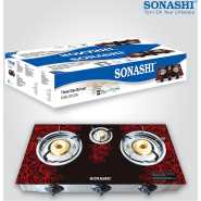 Sonashi SGB-305GN Double Gas Stove – Sonashi Triple Gas Stove w/ Glass Top Burner, LPG Burner, Direct Connector, Red and Black | Gas Stove | Home Appliance Gas Cook Tops TilyExpress