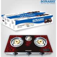 Sonashi SGB-305GN Double Gas Stove – Sonashi Triple Gas Stove w/ Glass Top Burner, LPG Burner, Direct Connector, Red and Black | Gas Stove | Home Appliance