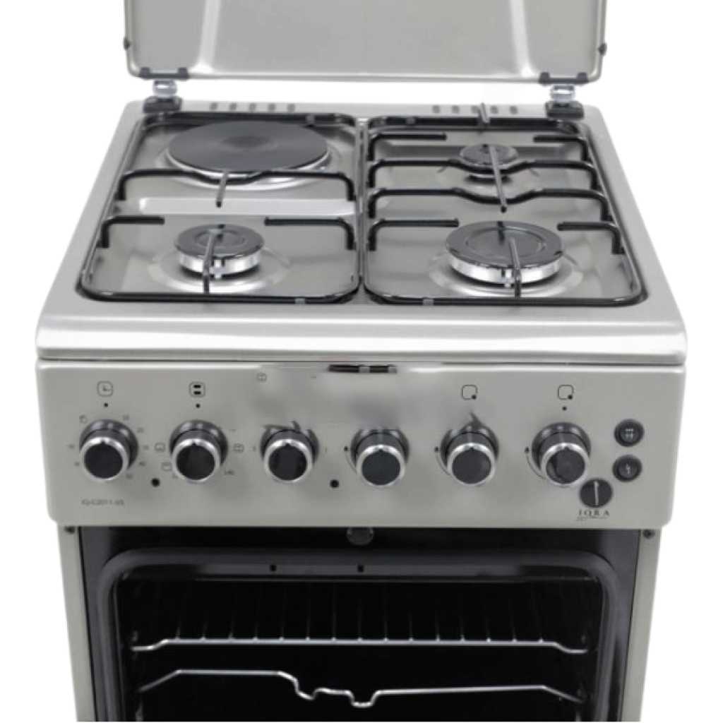 IQRA 50x60cm Cooker IQ-FC2011-BLK; 3 Gas Burners + 1 Electric Plate With Electric Oven and Grill, Oven Timer, Auto Ignition, Grill & Rotisserie - ⚫️