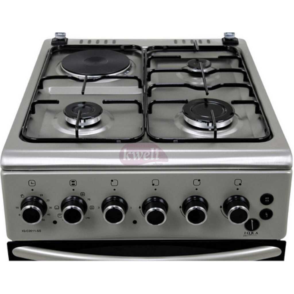 IQRA 50x60cm Cooker IQ-C2011-SS; 3 Gas Burners + 1 Electric Plate With Electric Oven and Grill, Oven Timer, Auto Ignition, Grill & Rotisserie - Stainless Steel