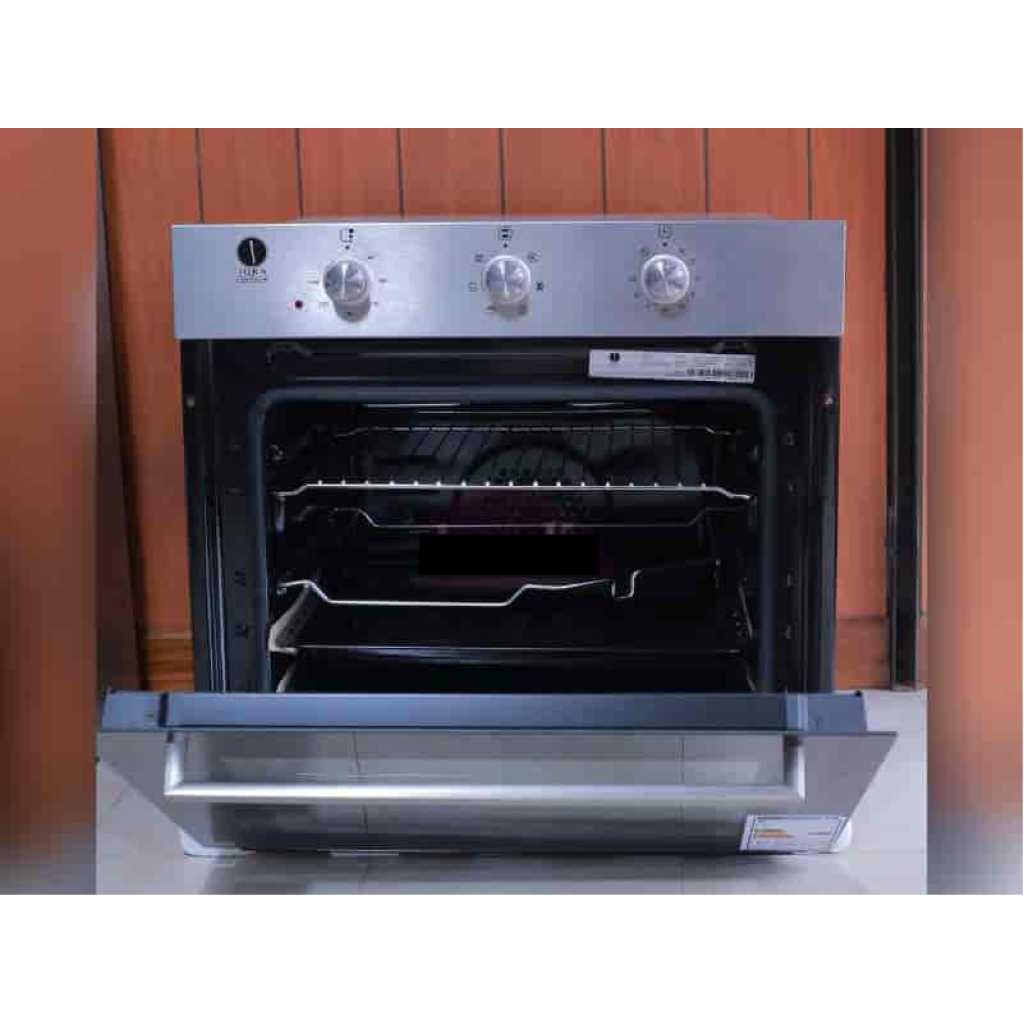 IQRA 60-Litres Built-in Electric Oven IQ-BO60E; 60cm, 2 Oven Trays, Fan, Oven Timer, Grill & Rotisserie - Silver