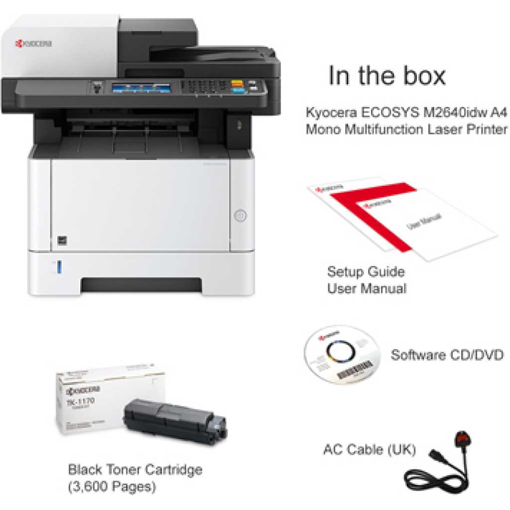 Kyocera M2640idw Monochrome Multifunctional Laser Printer (Print, Copy, Color Scan and Fax), 52 PPM B&W, Print Resolution 600 x 600 DPI Up To Fine 1200 DPI, Wireless (HyPAS capable)