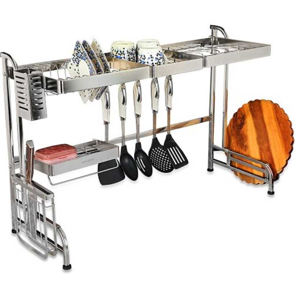 Life Smile Over Sink Dish Drying Rack, 2 Tier Stainless Steel Storage Kitchen Rack For Kitchen Counter Organizer Space Saver - Silver