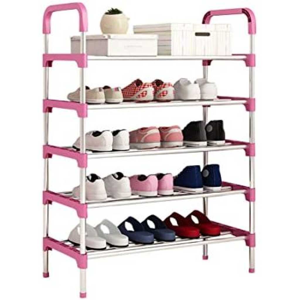 5 Layer Stainless Steel Stackable Shoes Rack Organizer Storage Stand- Pink.